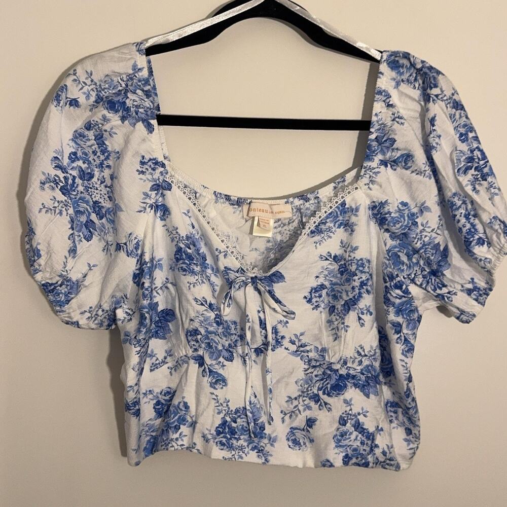 Monteau Los Angeles Blouse XL Blue Floral Puff Sleeve Cropped Top Cottage Vaca